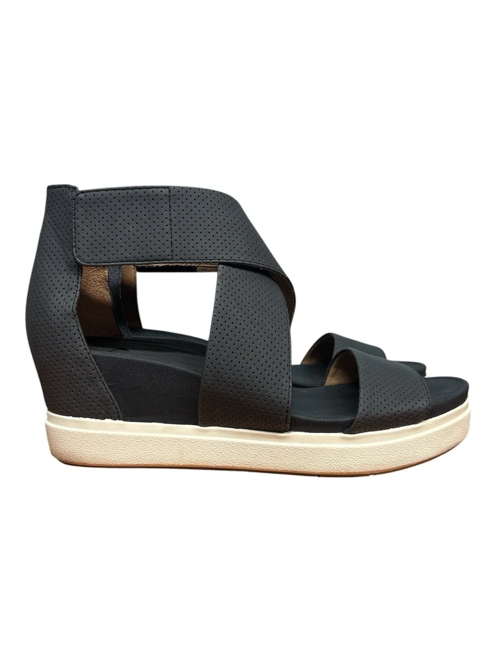 Dr Scholls Womens Sheena Platform Wedge Sandals Size 9 Faux Leather Black Smooth